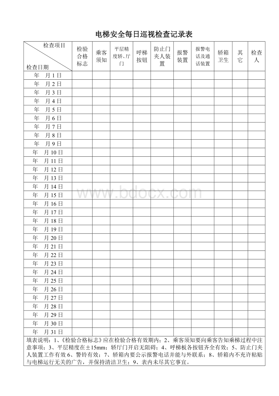 电梯安全日常检查记录表文档格式.doc