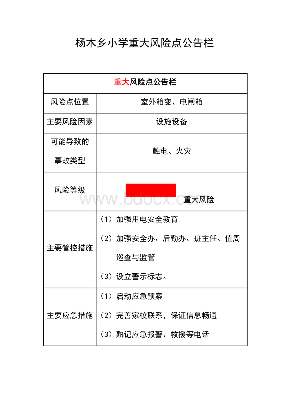 杨木小学重大风险点公告栏Word文件下载.docx