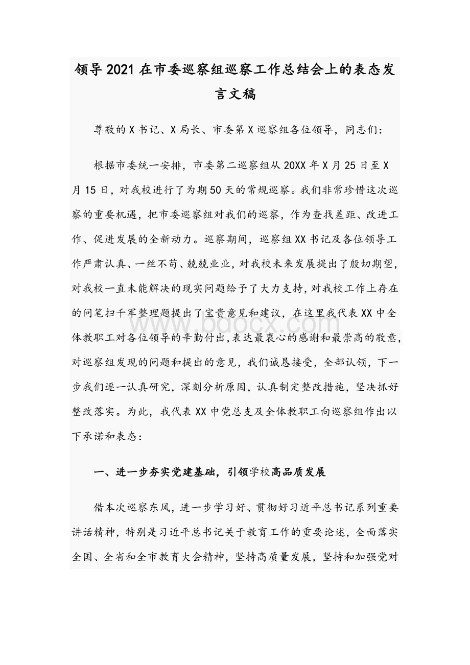 领导2021在市委巡察组巡察工作总结会上的表态发言文稿Word下载.docx