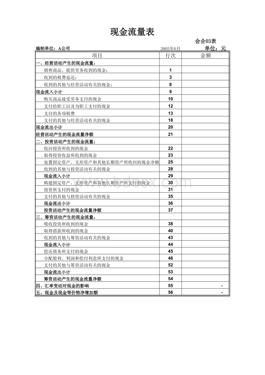 现金流量表空白模板表格文件下载.xls