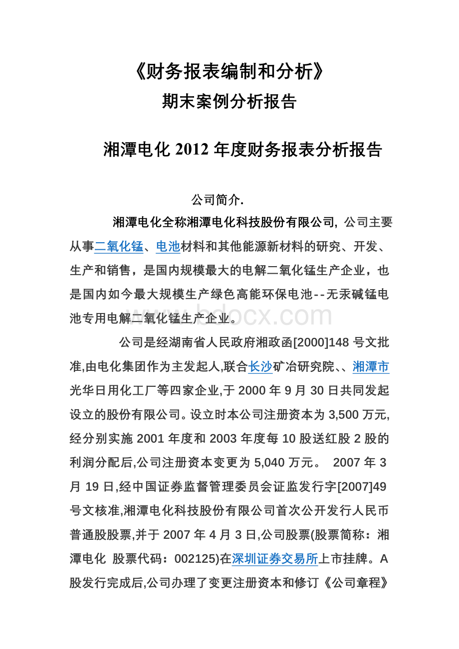 湘潭电化2012年度财务报表分析报告Word格式文档下载.doc