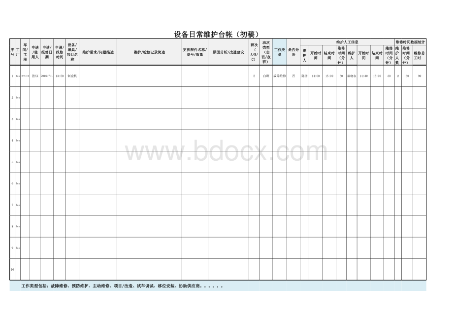 设备日常维护台帐清单表格文件下载.xls