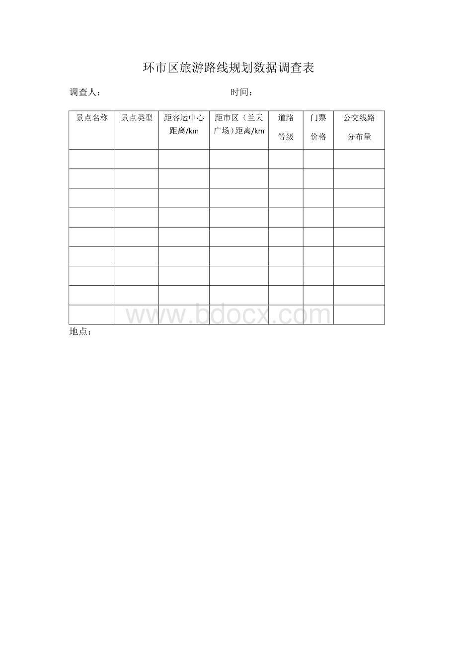 环市区旅游路线规划数据调查表Word格式.docx_第1页