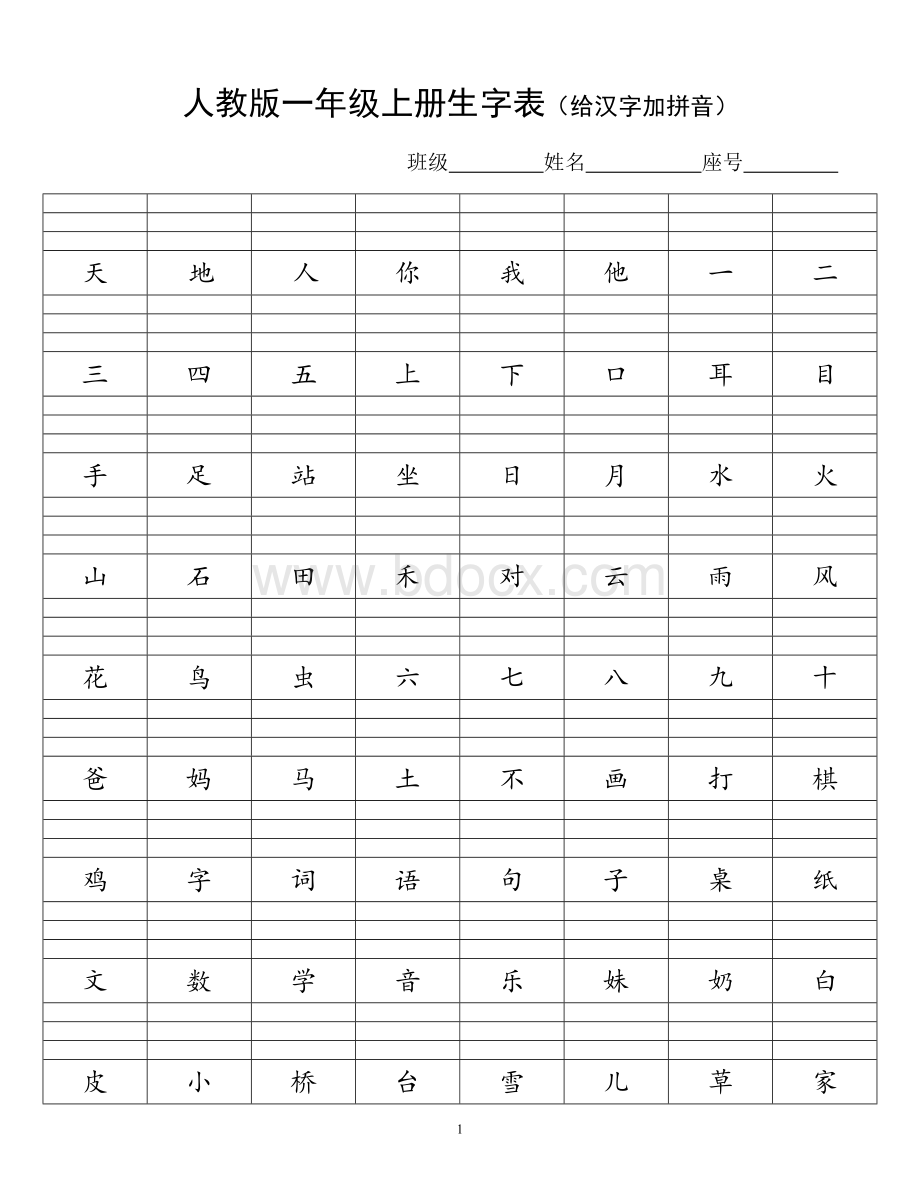 人教版一年级上册生字表(给汉字加拼音).doc