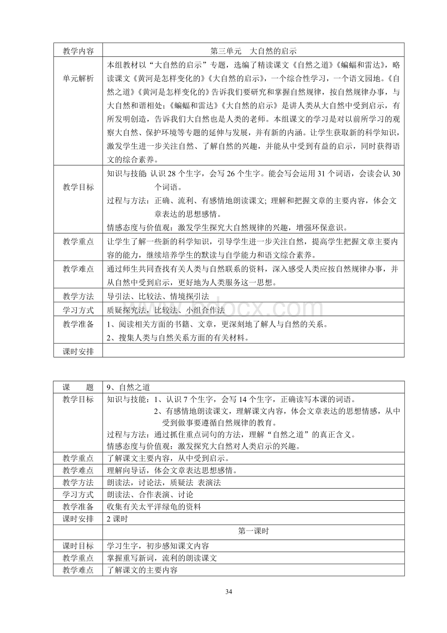 人教版四年级下册语文第三单元表格式教案.doc_第1页