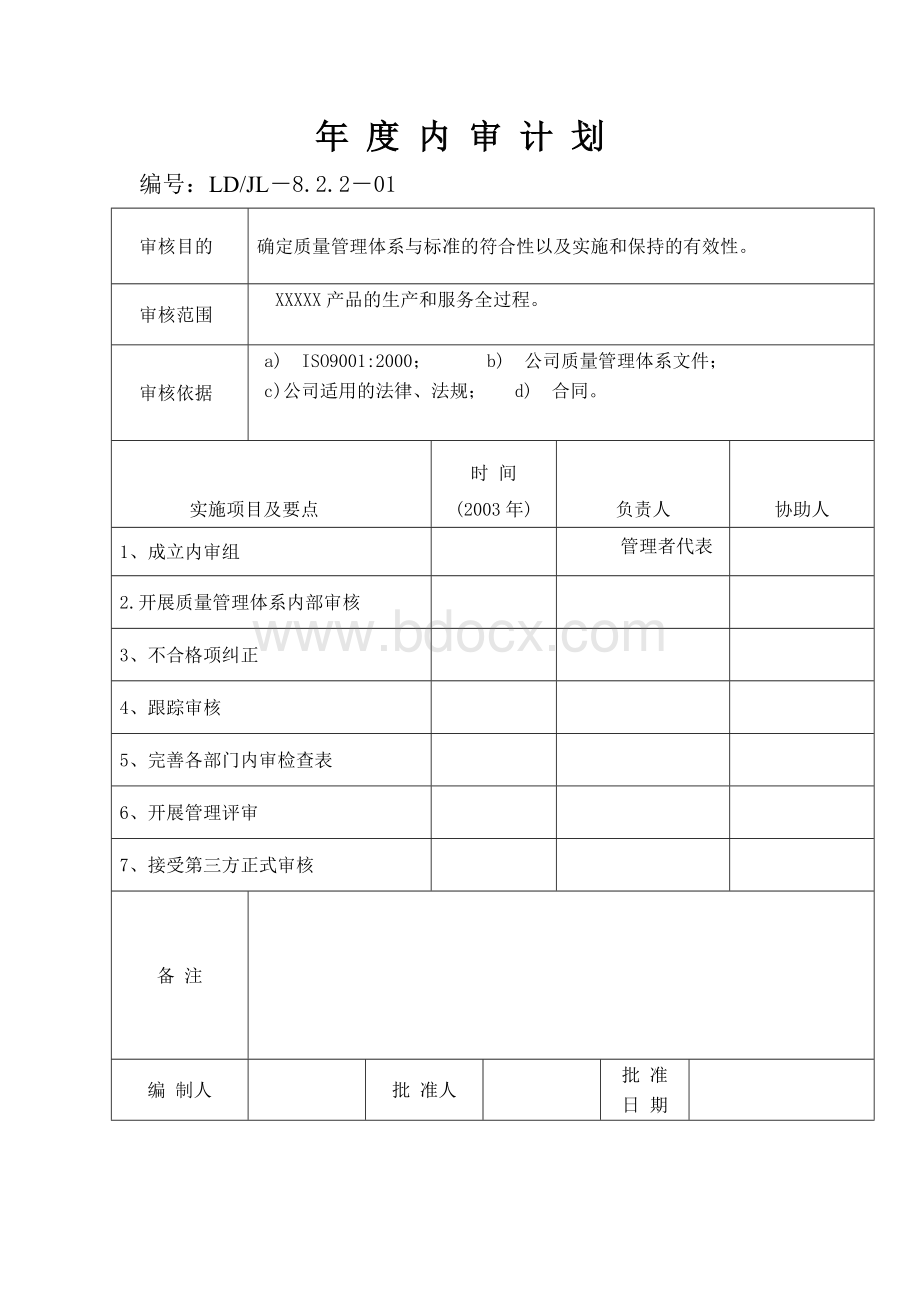 质量管理体系年度内审计划-检查表-报告-不符合[1].doc