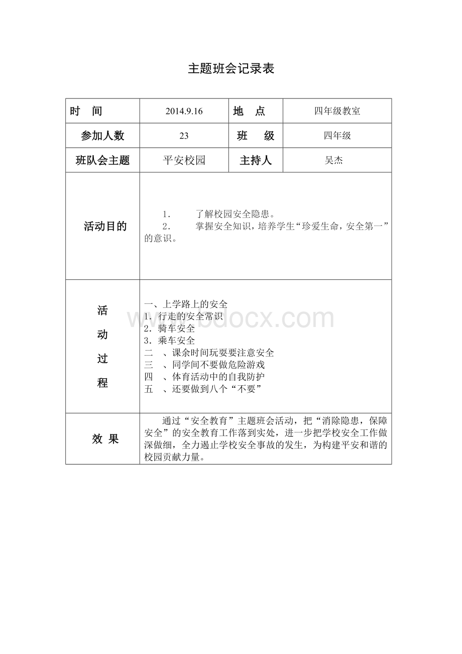 平安校园主题班会记录表Word文档格式.doc_第1页