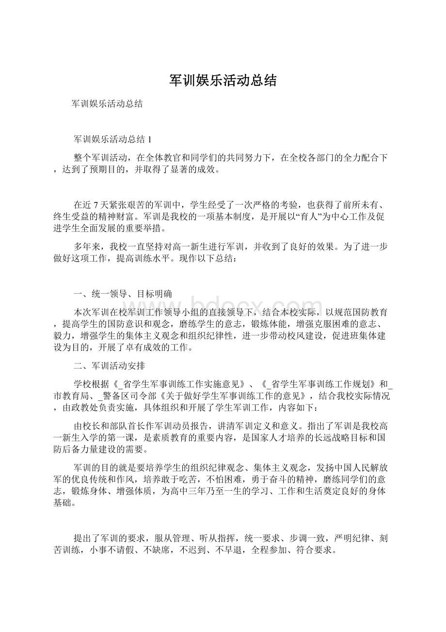 军训娱乐活动总结Word格式文档下载.docx_第1页