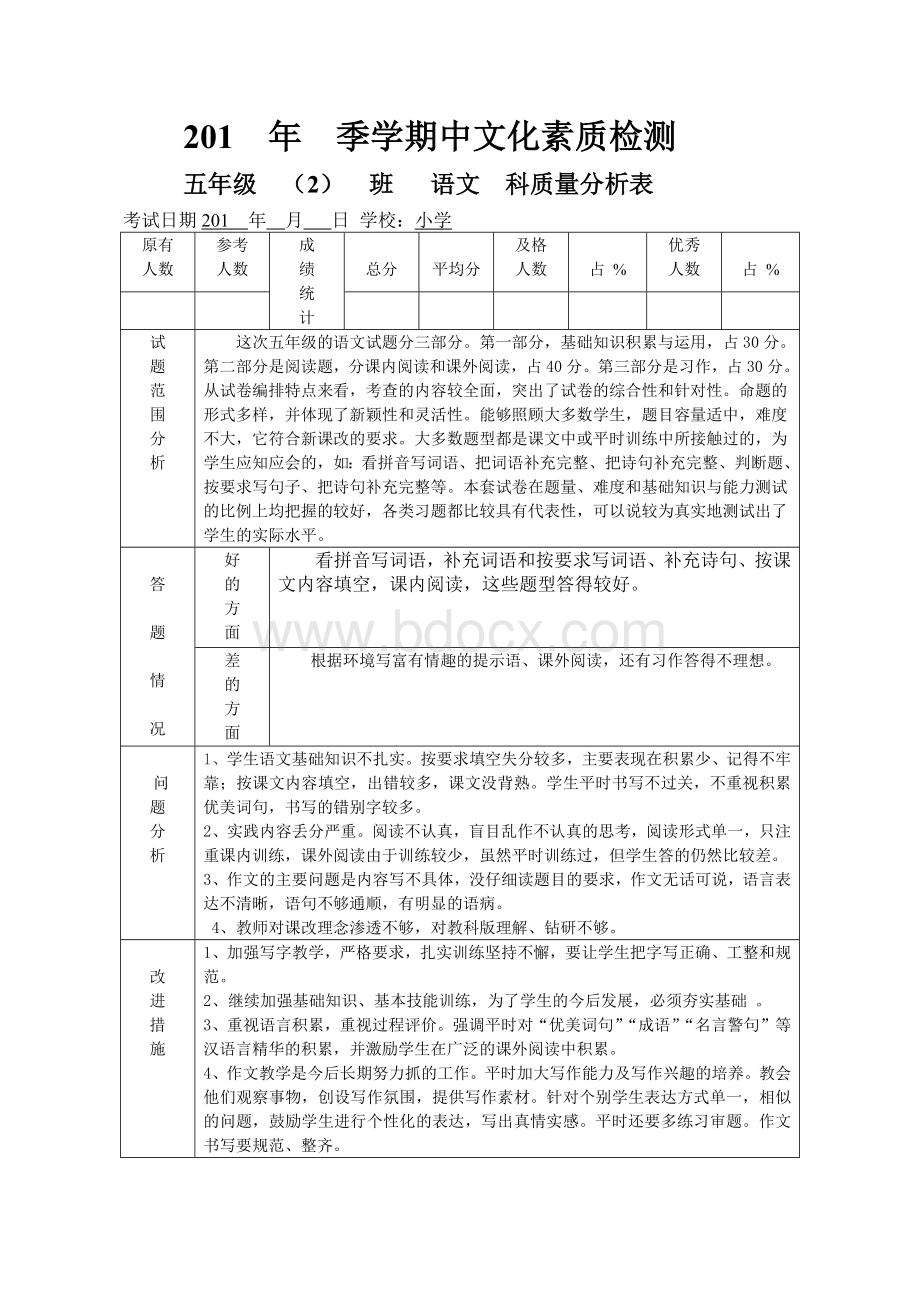 五年级期中考试语文质量分析(一).docx