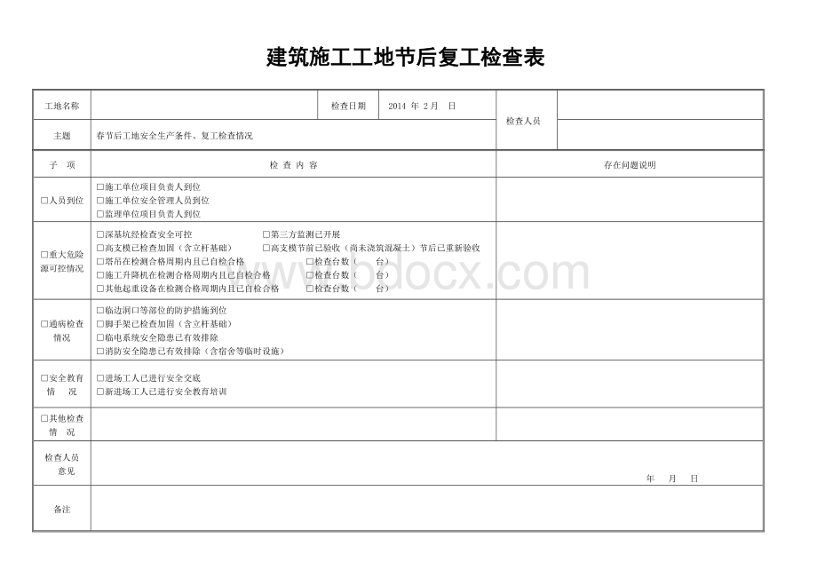 节后安全、复工检查表Word文件下载.doc