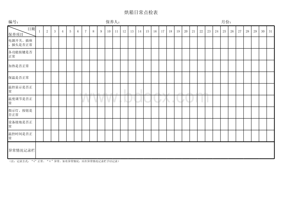 烘箱日常点检表表格文件下载.xls_第1页