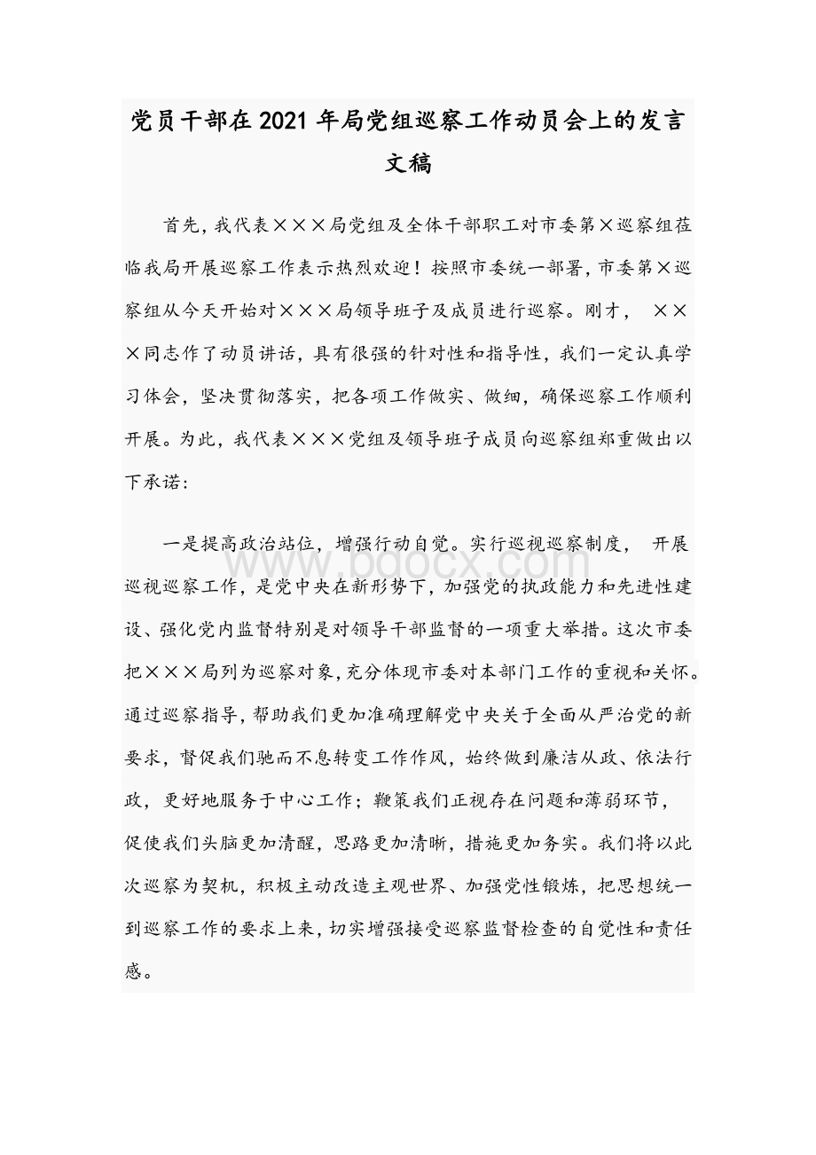 党员干部在2021年局党组巡察工作动员会上的发言文稿Word格式.docx_第1页