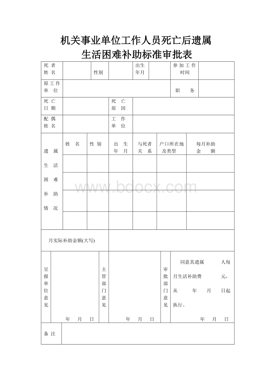 机关事业单位工作人员死亡后遗属生活困难补助标准审批表Word文件下载.doc_第1页