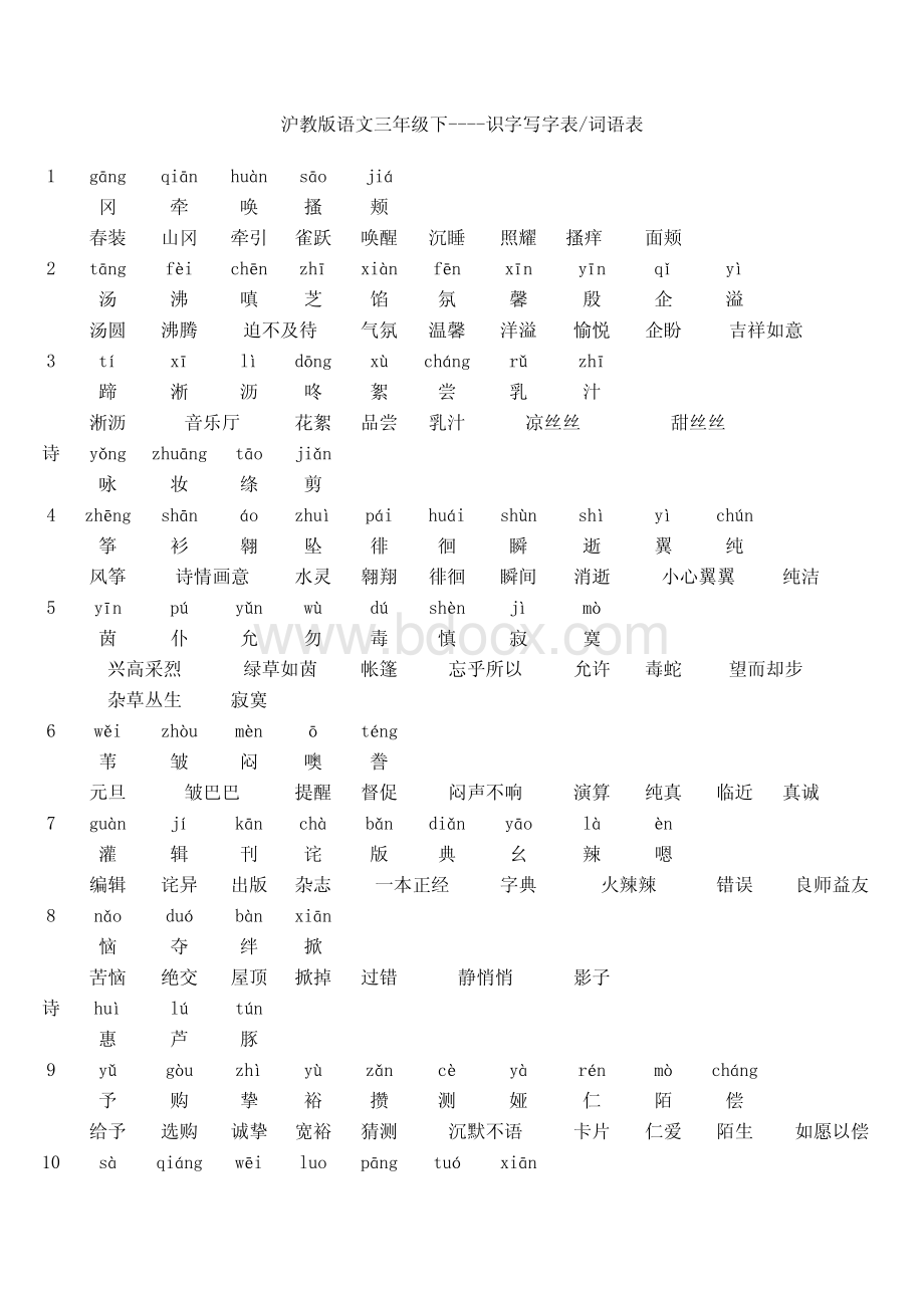 沪版三年级下生字表和词语表资料下载.pdf