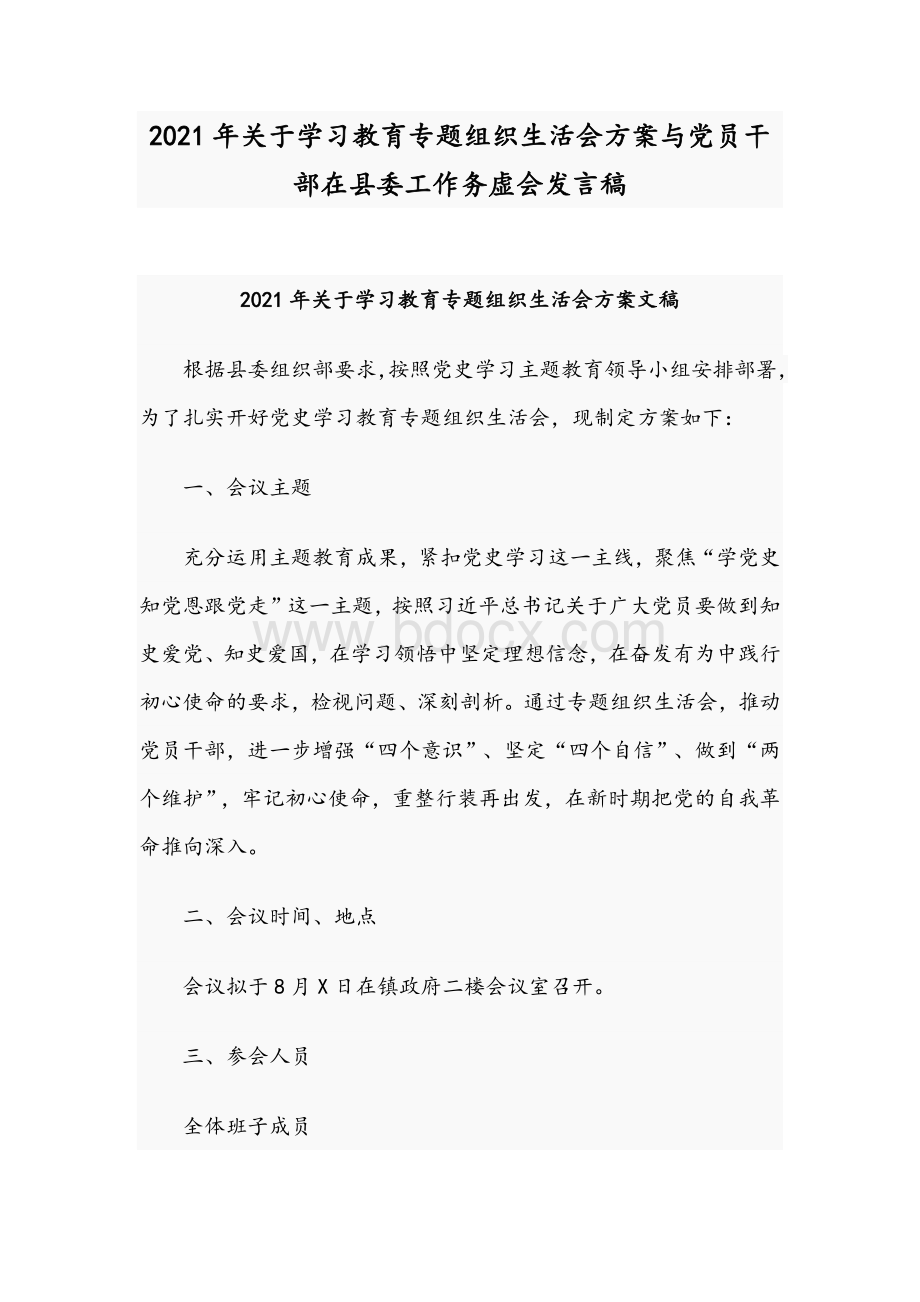 2021年关于学习教育专题组织生活会方案与党员干部在县委工作务虚会发言稿Word格式.docx