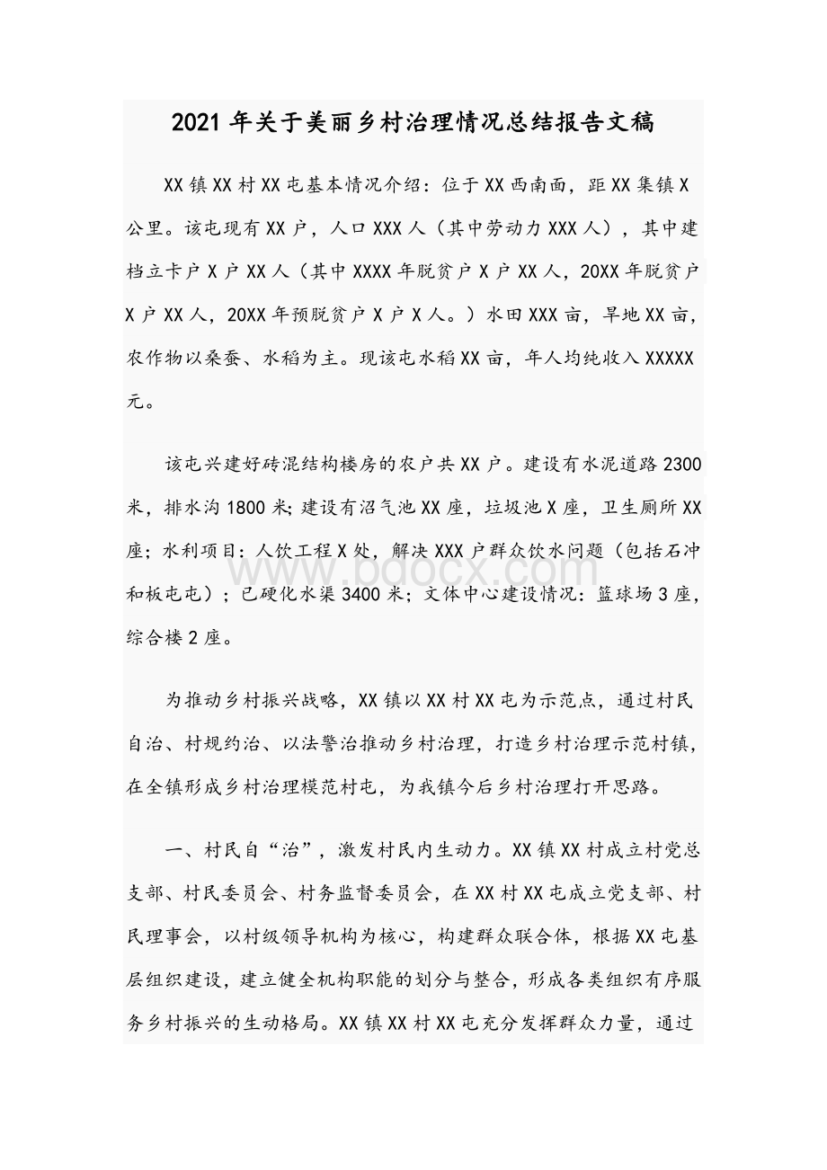 2021年关于美丽乡村治理情况总结报告文稿文档格式.docx