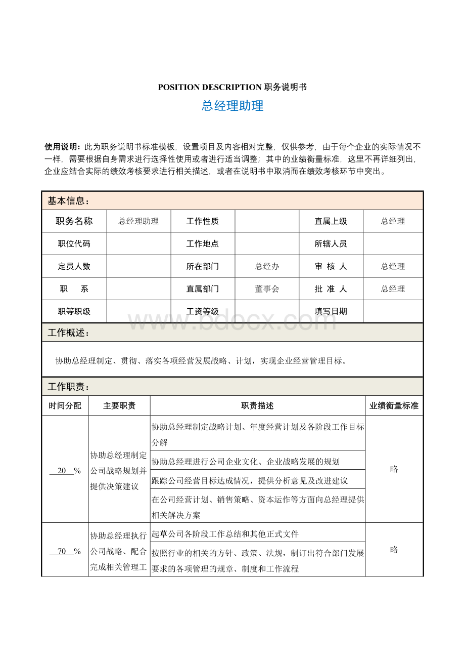 职务说明书总经理助理Word文档格式.doc