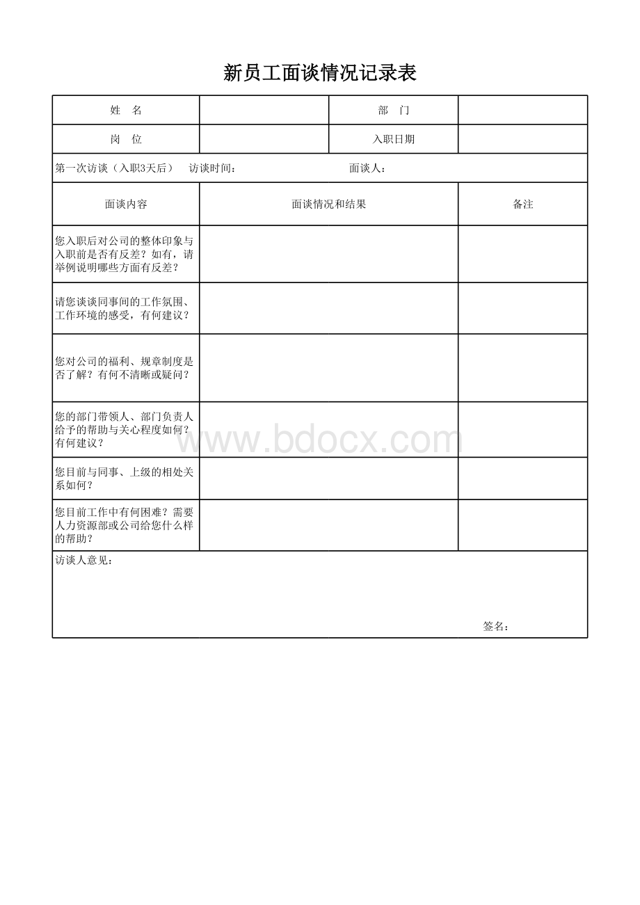 新员工面谈记录表(修改版)表格文件下载.xls