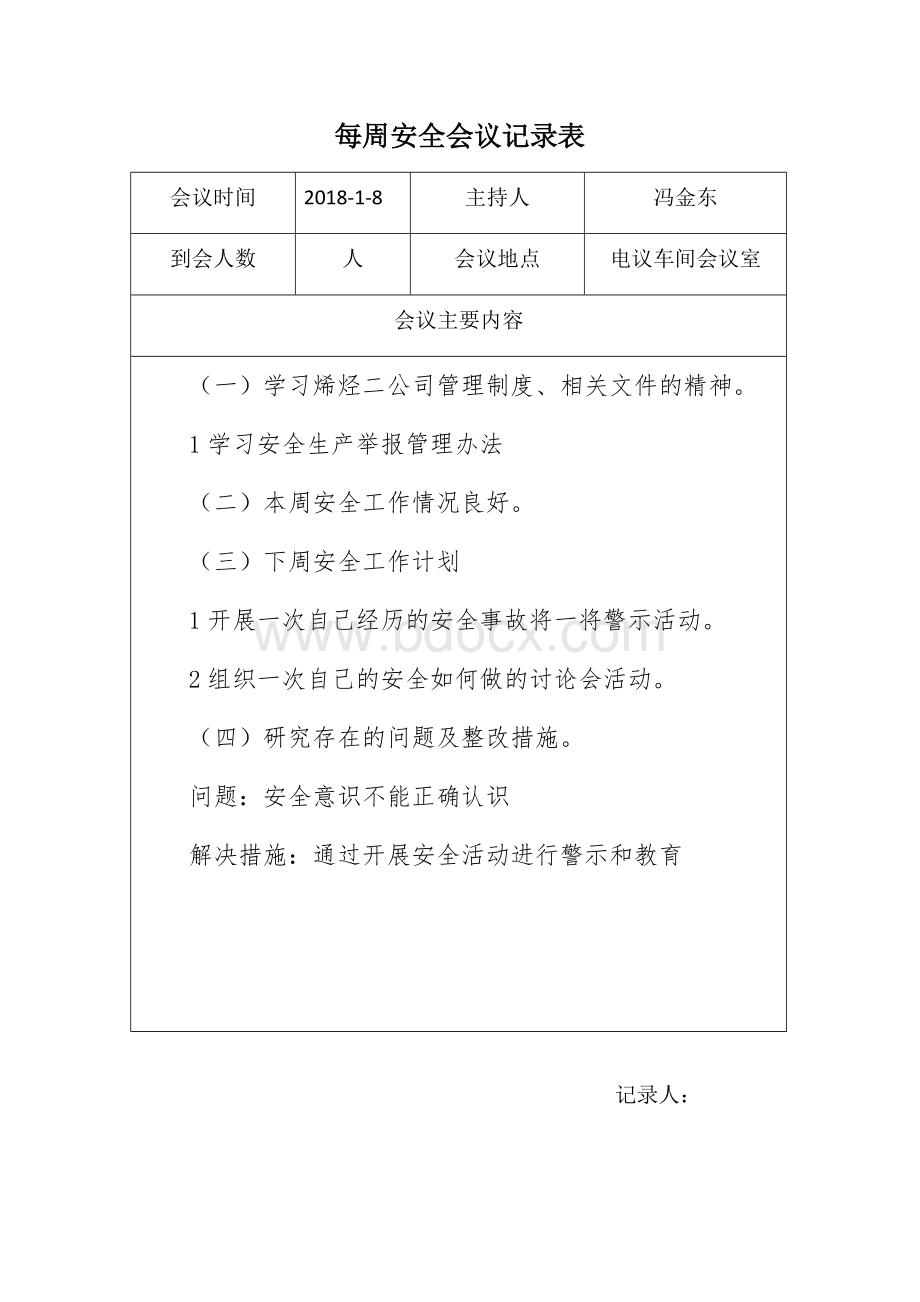 每周安全会议记录表Word下载.docx