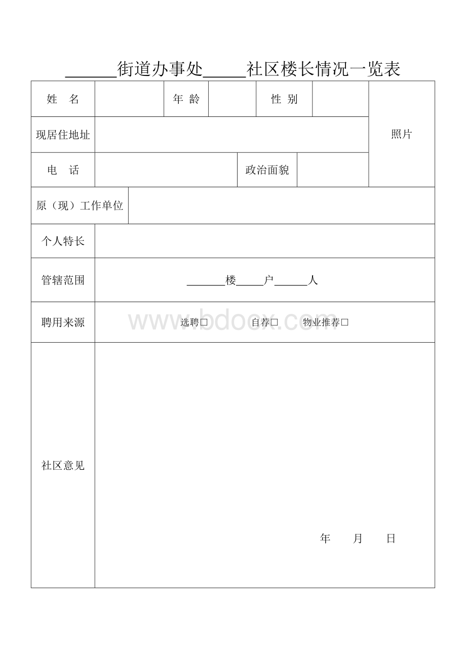 社区楼长登记表文档格式.doc