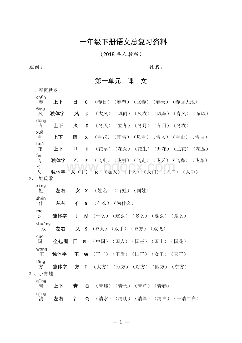 小学一年级语文下册各单元复习资料人教版资料下载.pdf