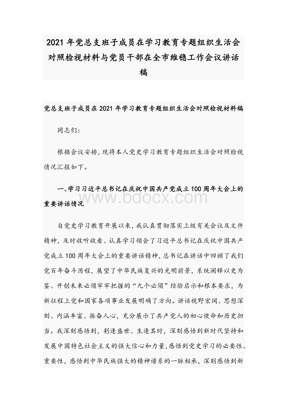 2021年党总支班子成员在学习教育专题组织生活会对照检视材料与党员干部在全市维稳工作会议讲话稿.docx_第1页