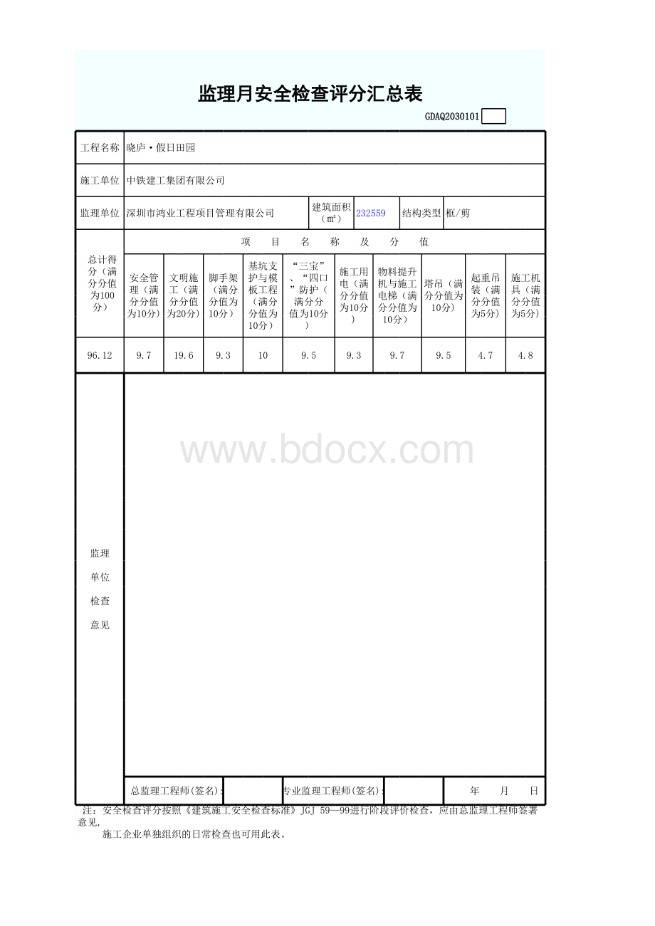 监理安全检查评分汇总表(范文).xls_第1页