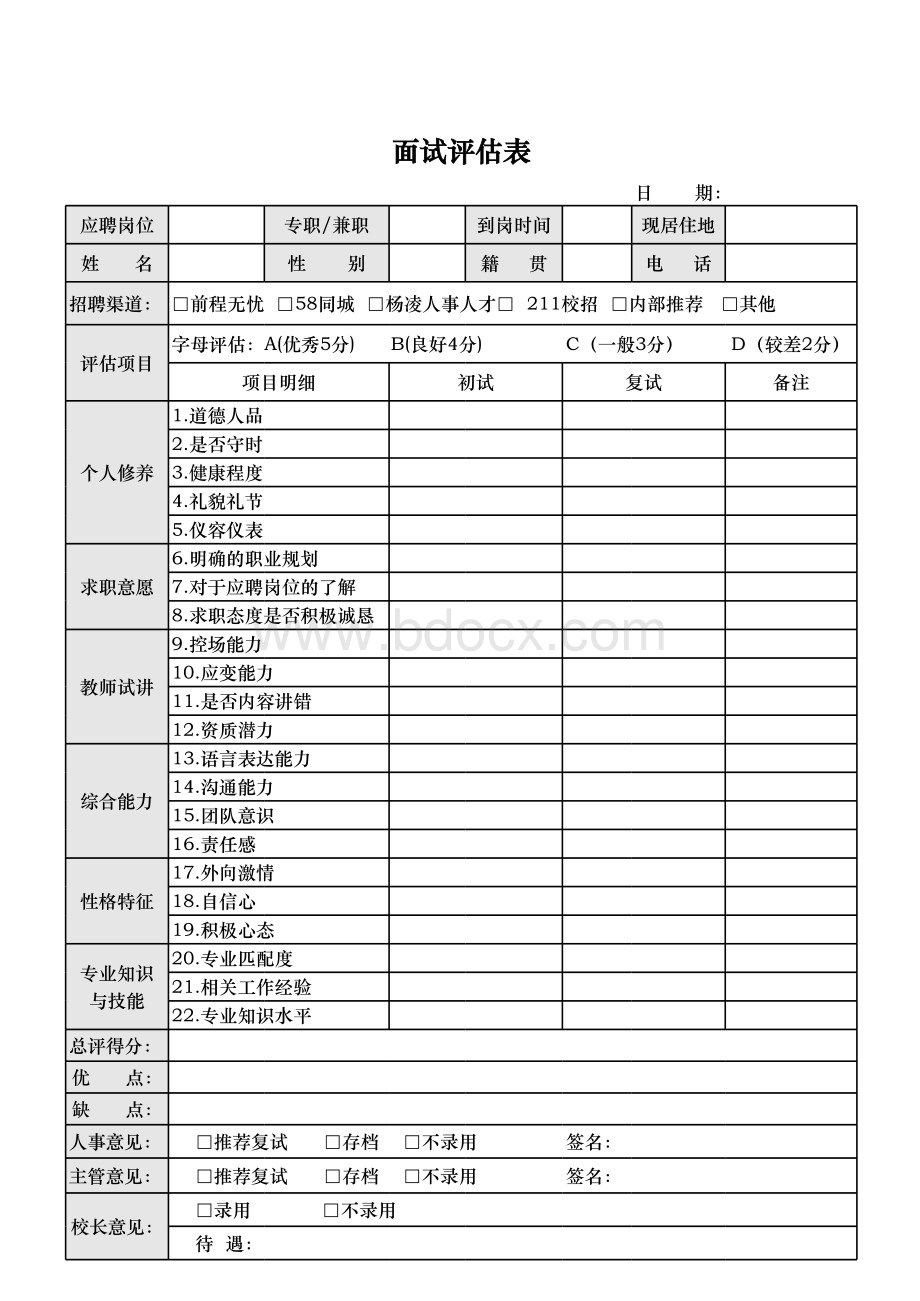 教育培训机构面试评估表.xls_第1页