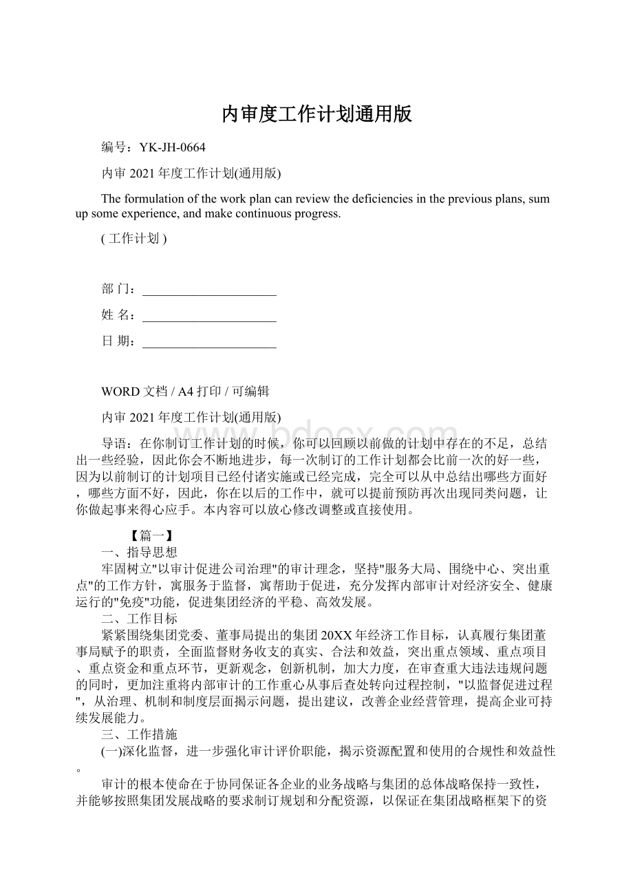 内审度工作计划通用版Word文档格式.docx