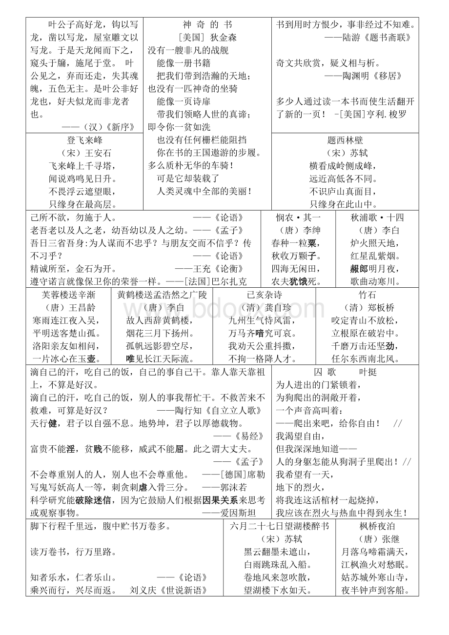 北师大版五年级语文下册背诵整理资料(正反打印)Word格式文档下载.docx_第1页