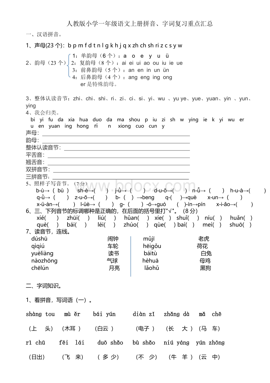 人教版小学一年级语文上册拼音、字词复习重点汇总Word文档格式.doc_第1页