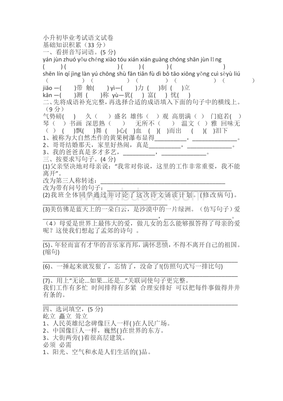 小升初毕业考试语文试卷.docx