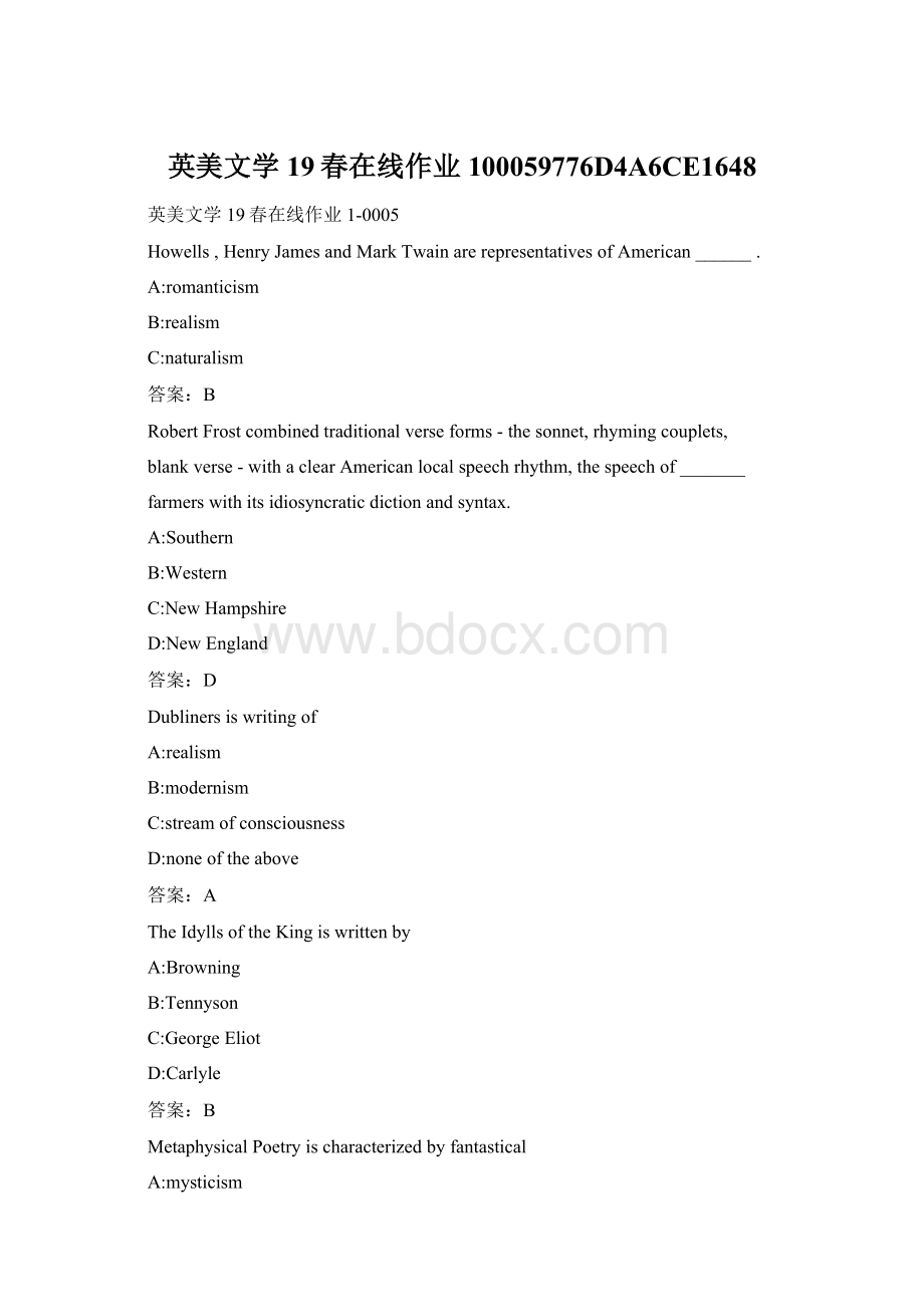 英美文学19春在线作业100059776D4A6CE1648Word格式.docx