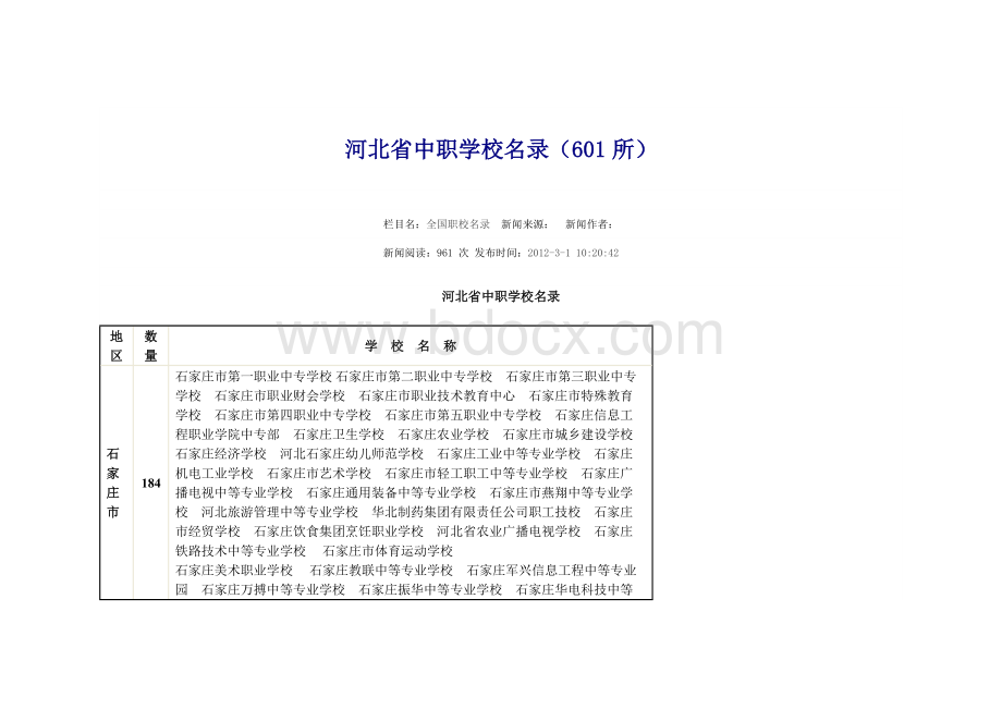 河北省中职学校名录(601所)Word文档格式.doc_第1页