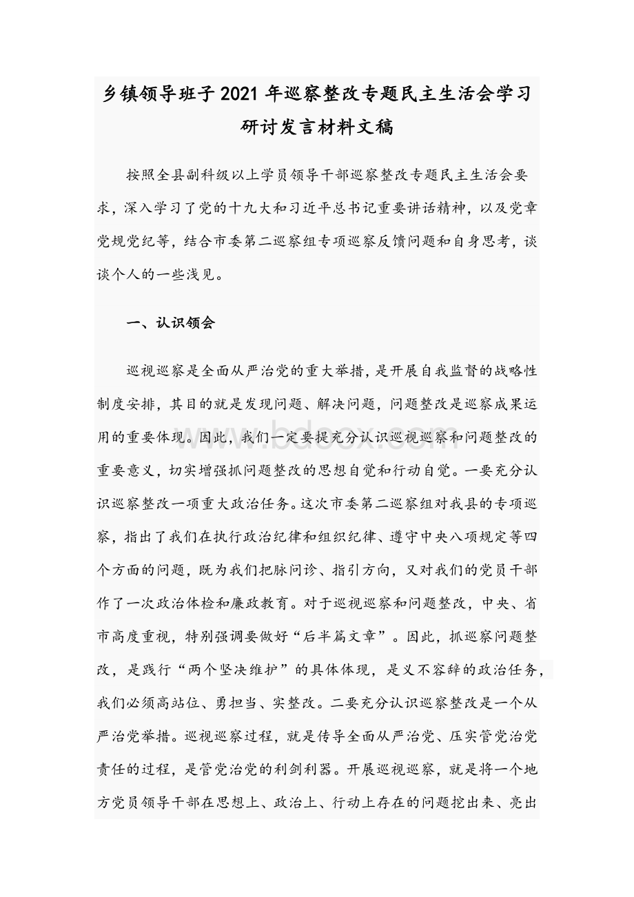 乡镇领导班子2021年巡察整改专题民主生活会学习研讨发言材料文稿.docx