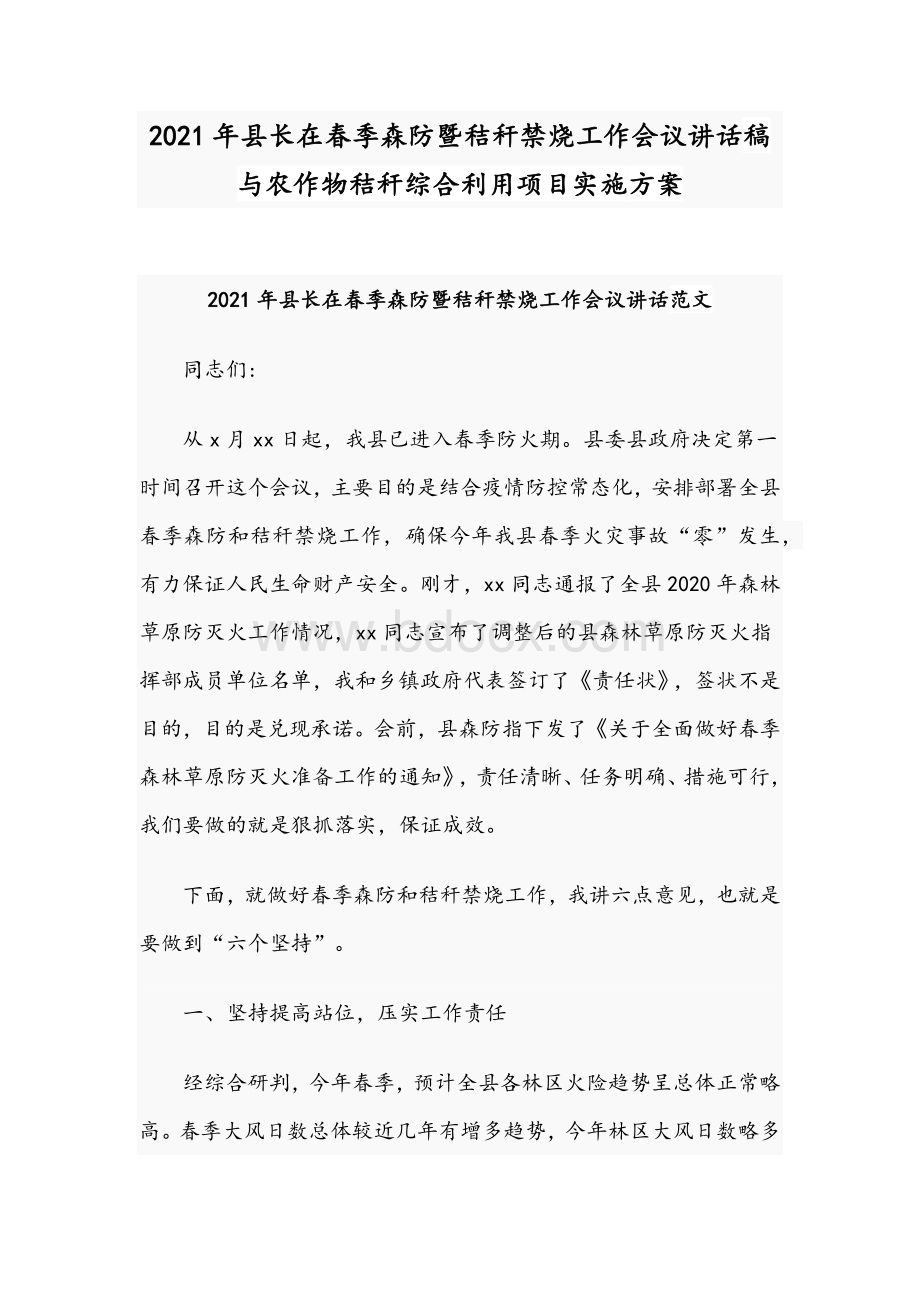 2021年县长在春季森防暨秸秆禁烧工作会议讲话稿与农作物秸秆综合利用项目实施方案Word格式文档下载.docx