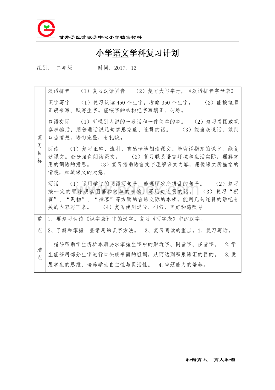 部编2年级上语文复习计划非常实用Word文档格式.docx