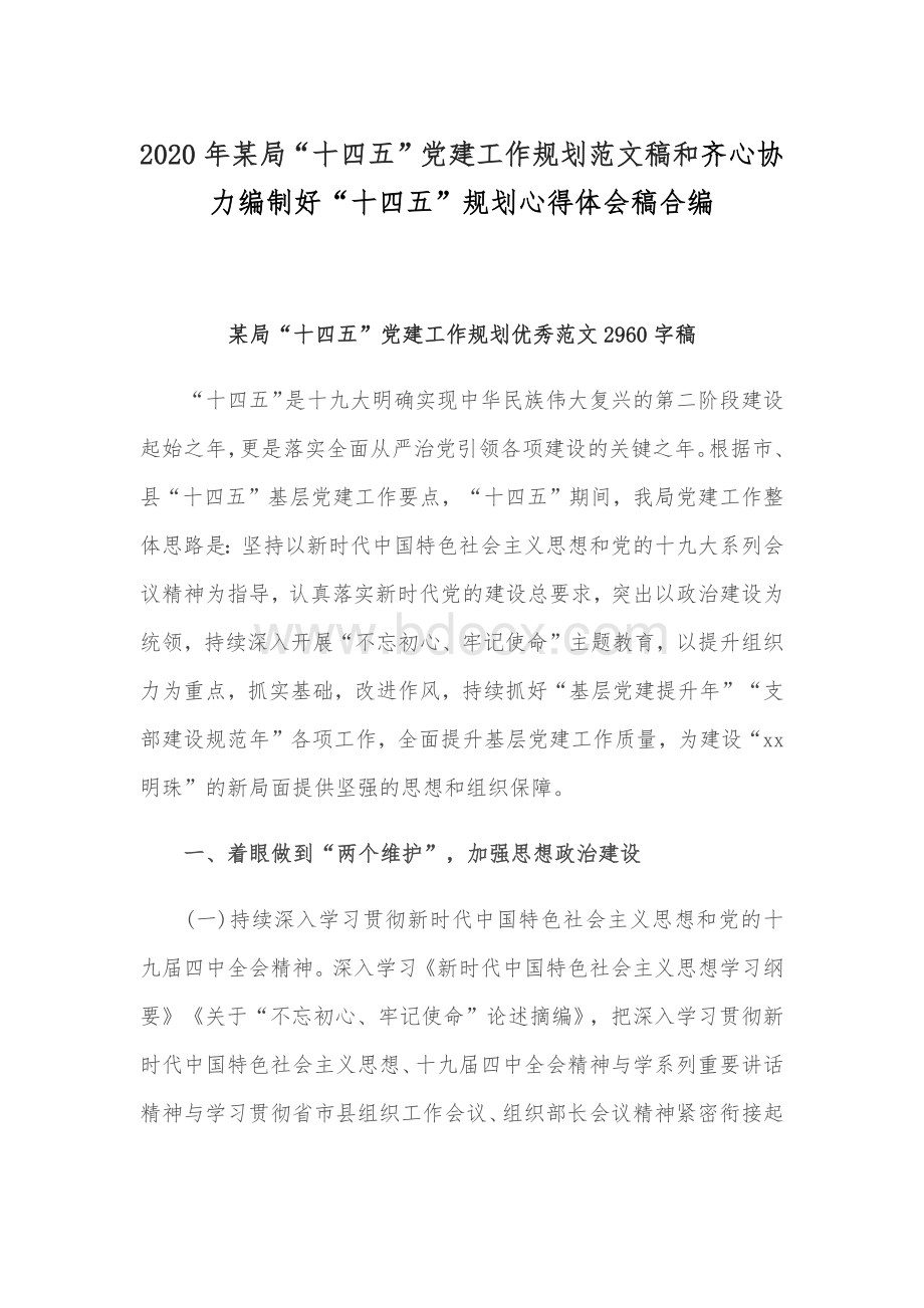 2020年某局“十四五”党建工作规划范文稿和齐心协力编制好“十四五”规划心得体会稿合编Word格式.docx_第1页