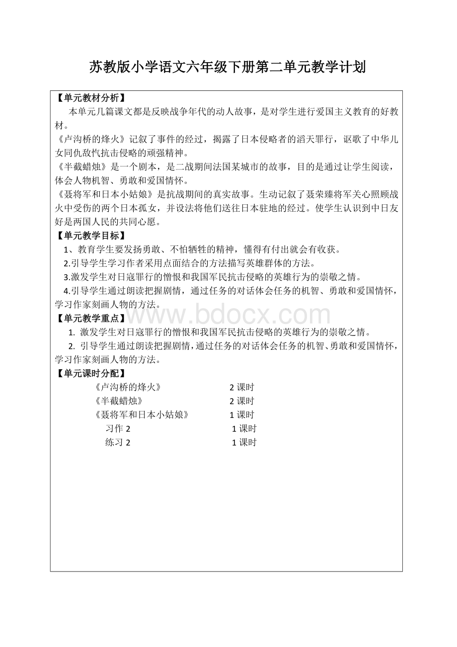 苏教版语文六年级下册第二单元教学计划Word文档下载推荐.docx_第1页