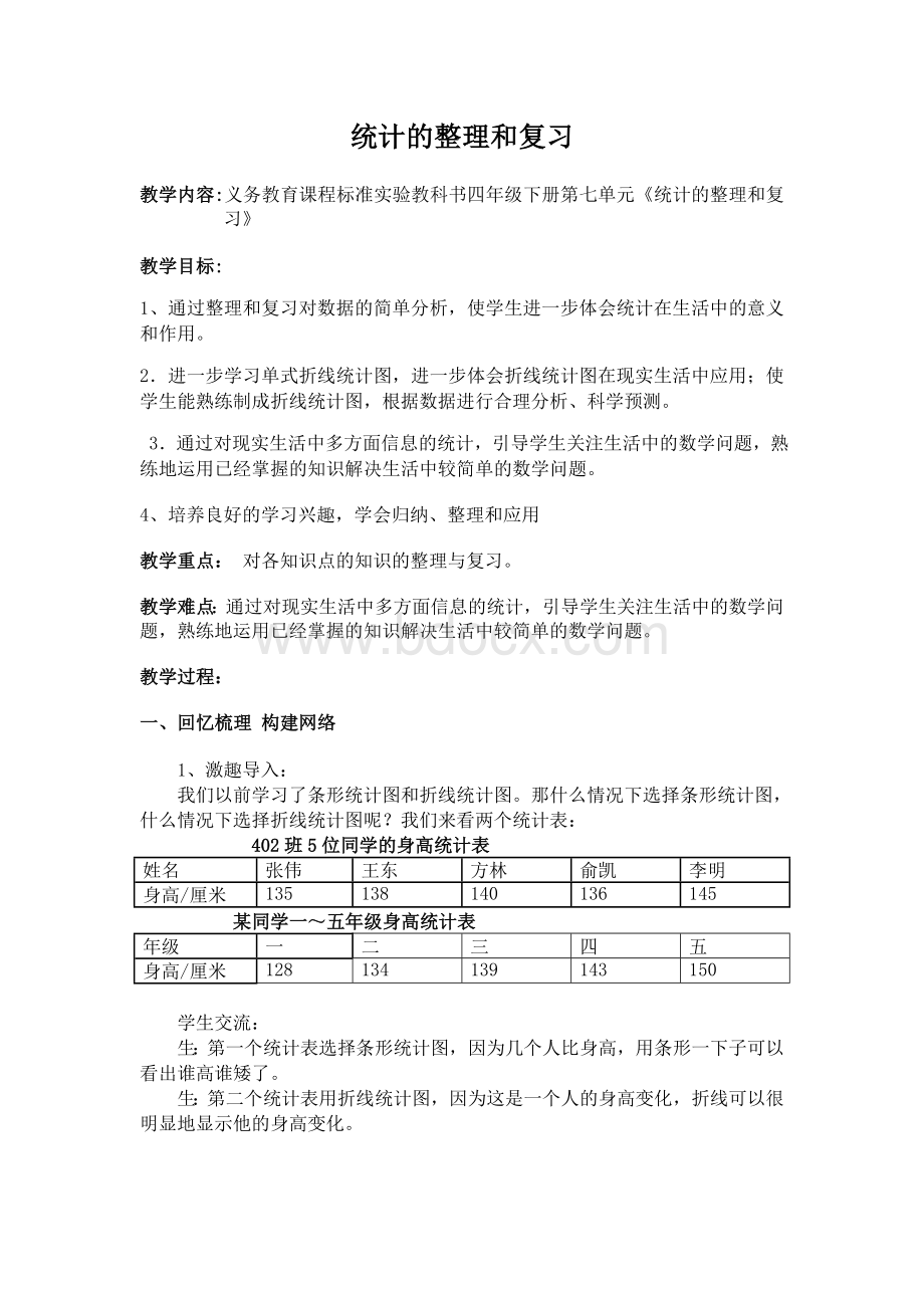 人教版四年级数学下册第七单元整理和复习教案文档格式.doc