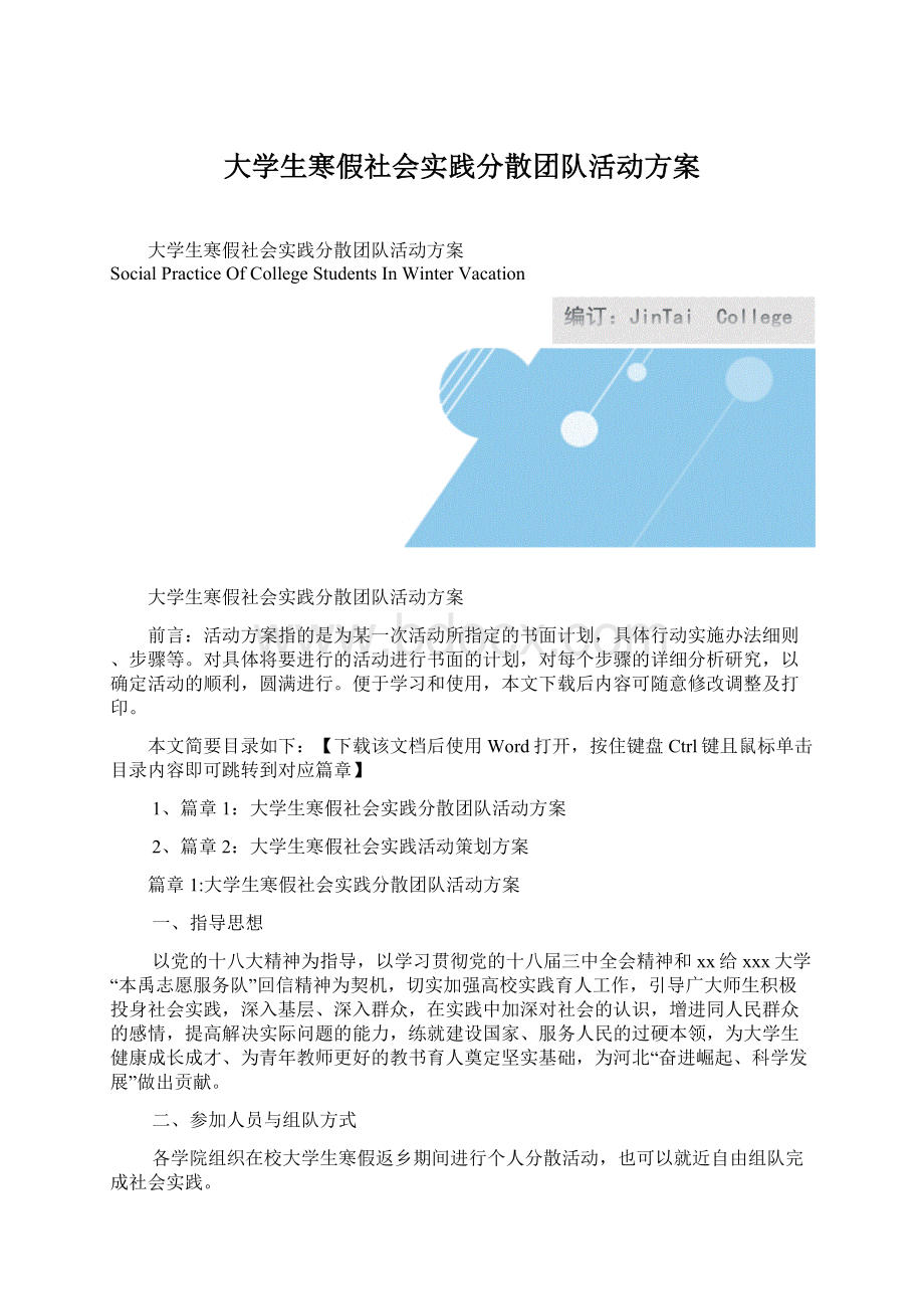 大学生寒假社会实践分散团队活动方案文档格式.docx_第1页