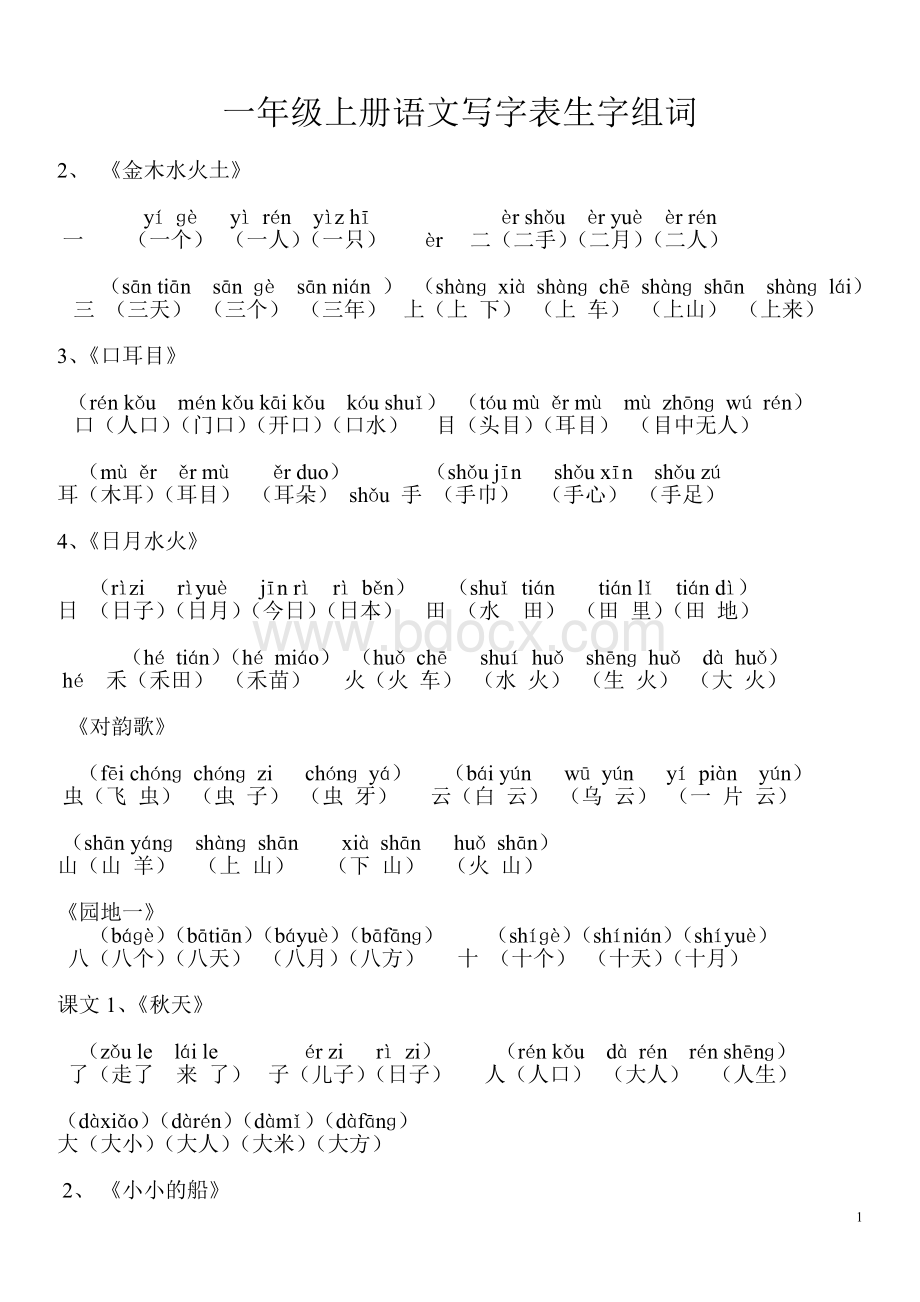 部编版一年级上册语文写字表生字组词.doc_第1页