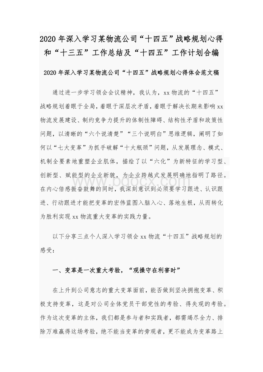 2020年深入学习某物流公司“十四五”战略规划心得和“十三五”工作总结及“十四五”工作计划合编文档格式.docx