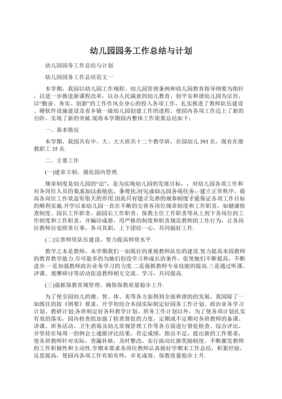 幼儿园园务工作总结与计划文档格式.docx