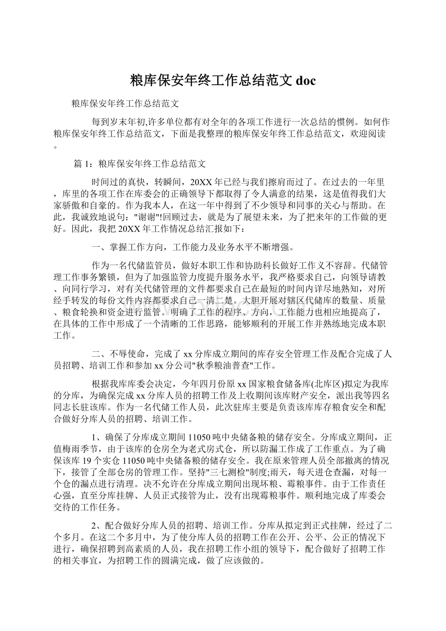 粮库保安年终工作总结范文docWord文档格式.docx