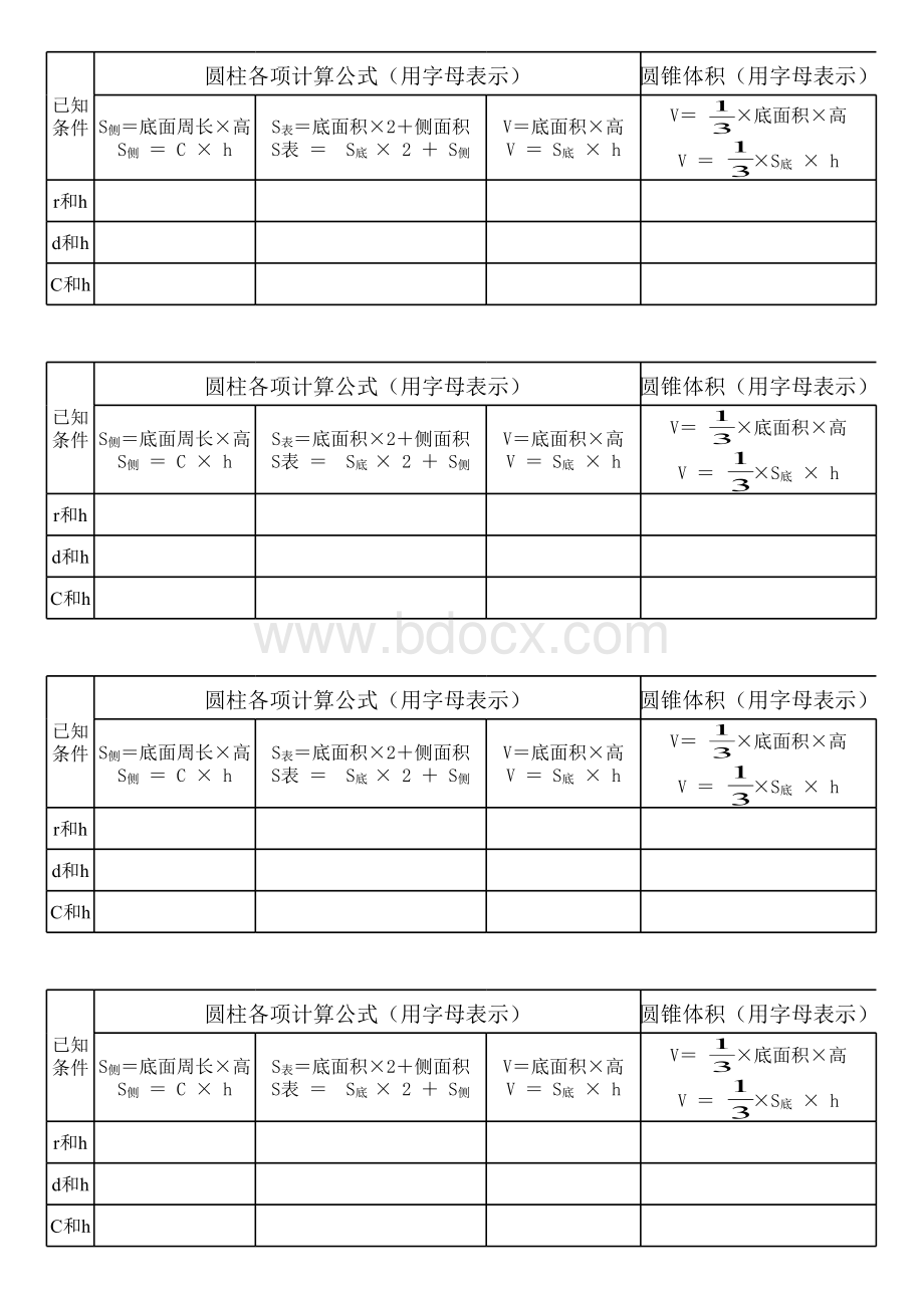 圆柱与圆锥常用计算公式表格文件下载.xls_第1页