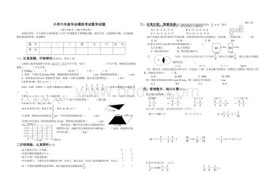 小学六年级毕业模拟考试数学试题Word格式文档下载.doc_第1页