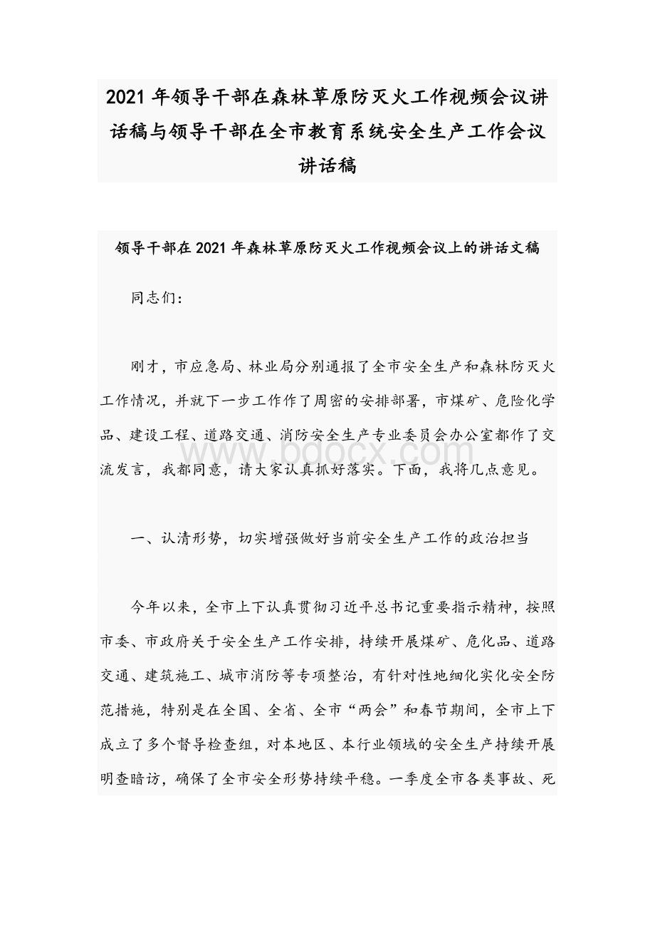 2021年领导干部在森林草原防灭火工作视频会议讲话稿与领导干部在全市教育系统安全生产工作会议讲话稿Word文档格式.docx_第1页