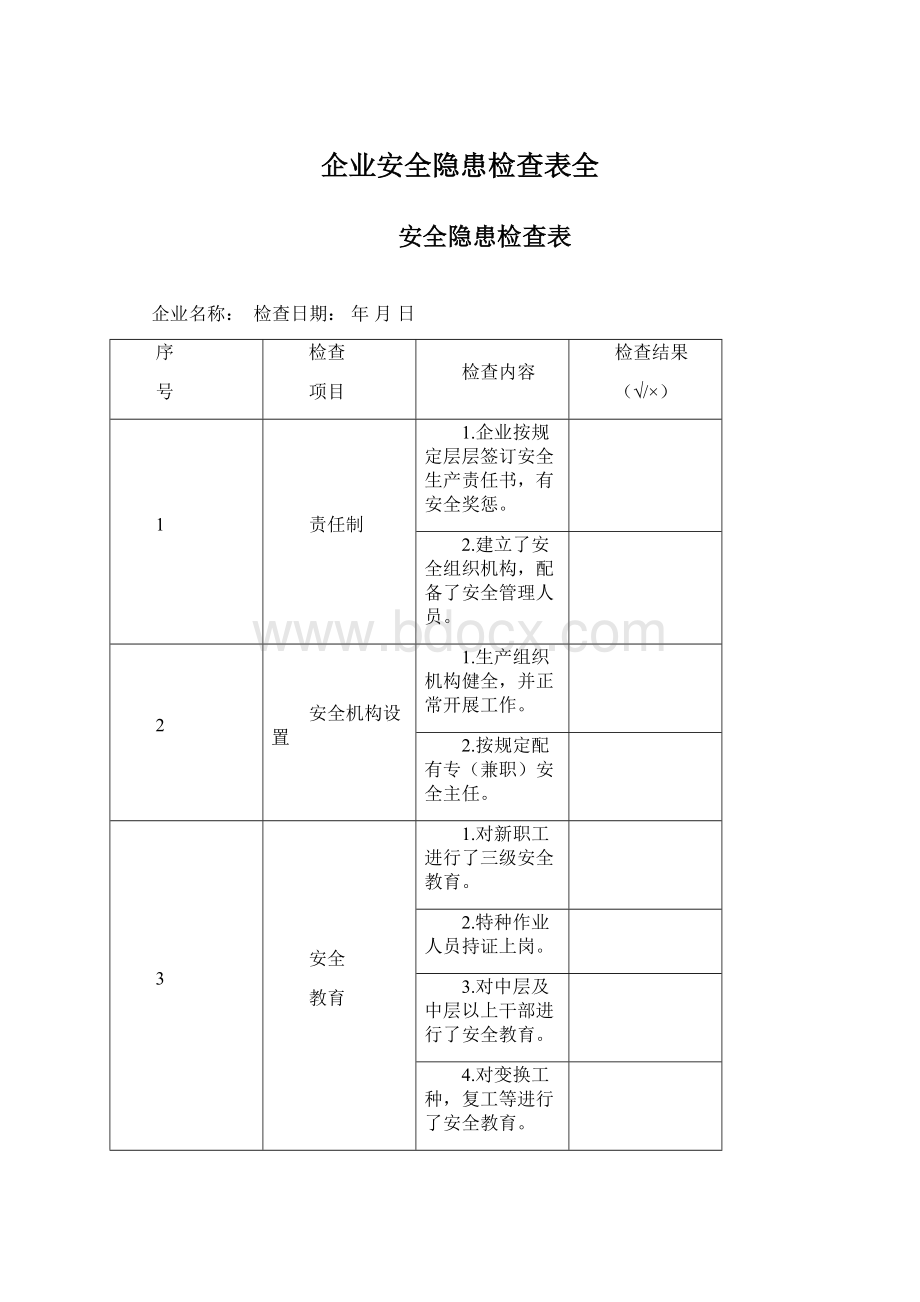 企业安全隐患检查表全Word格式文档下载.docx_第1页