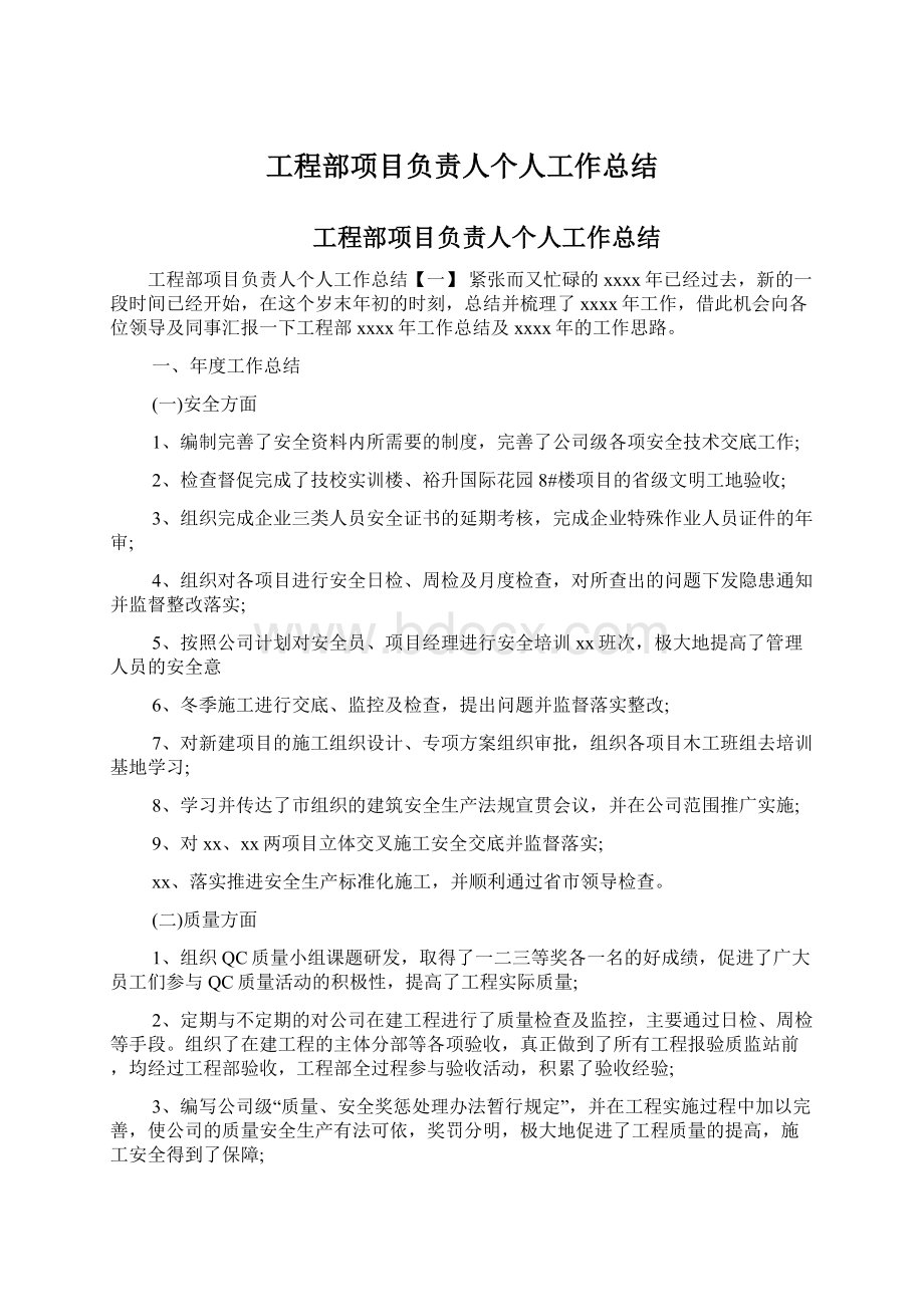 工程部项目负责人个人工作总结Word文档格式.docx_第1页